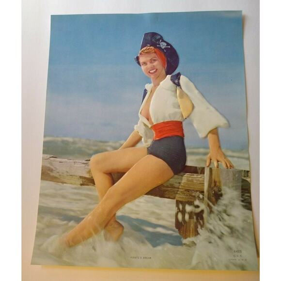 Pirate Lady Art Print Vintage 1940's Lithograph 3-D Embossed Sexy Captain Ahoy - Picture 7 of 10